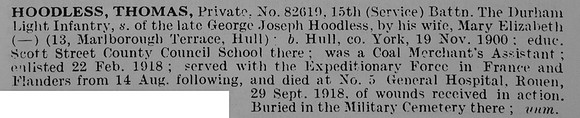 Hoodless T Pte 82619 15th Durham Light Infantry
