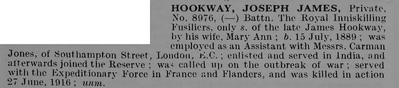 Hookway J J Pte 8976 Royal Inniskilling Fusiliers