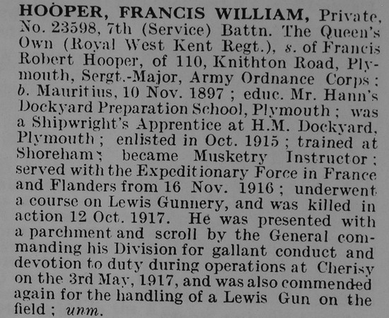 Hooper F W Pte 23598 7th Queen's Own Royal West Kent Regiment