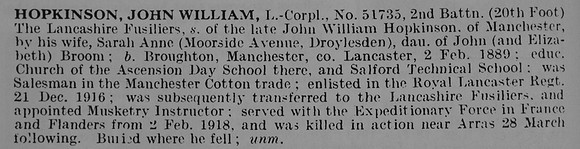 Hopkinson J W L/Cpl 51735 2nd Lancashire Fusiliers