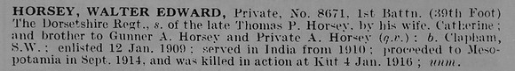 Horsey W E Pte 8671 1st Dorset Regiment