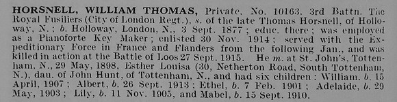 Horsnell W T Pte 10163 3rd Royal Fusiliers