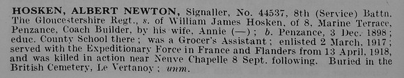 Hosken A N Sig 44537 8th Gloucestershire Regiment