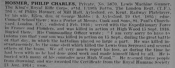 Hosmer P C Pte 5870 King's Royal Rifle Corps Attd 19th London Regiment