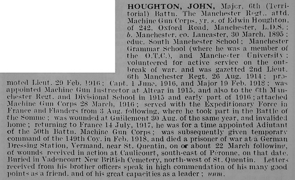 Houghton J Major 6th Manchester Regiment Attd Machine Gun Corps
