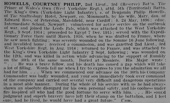 Howells C P 2nd Lt 3rd West Yorskhire Regiment Attd 5th Kings Own Yorkshire Light Infantry