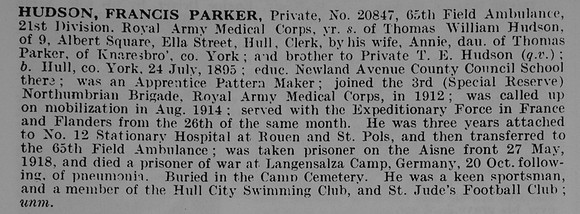 Hudson F P Pte 20847 Royal Army Medical Corps
