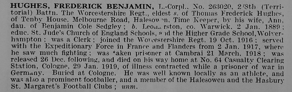 Hughes F B L/Cpl 263020 8th Worcestershire Regiment