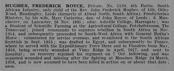 Hughes F R Pte 5139 4th South African Infantry