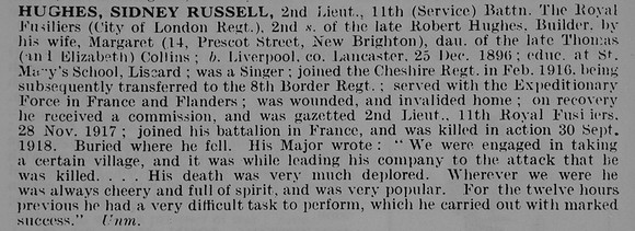 Hughes S R 2nd Lt 11th Royal Fusiliers