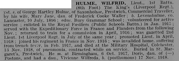 Hulme W Lt 1st Kings Liverpool Regiment