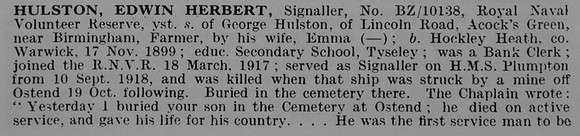 Hulston E H Sig BZ/10138 Royal Naval Volunteer Reserve Obit Part 1