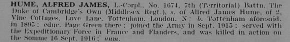 Hume A J L/Cpl 1674 7th Middlesex Regiment