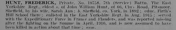 Hunt F Pte 19759 7th East Yorkshire Regiment