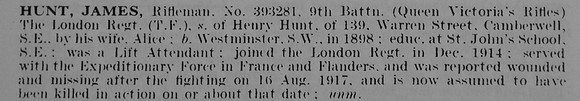 Hunt J Rfn 393281 9th London Regiment