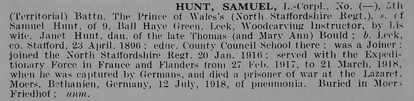 Hunt S L/Cpl 5th North Staffs Regiment