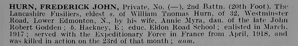 Hurn F J Pte 2nd Lancashire Fusiliers