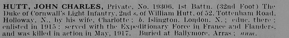 Hutt J C Pte 19306 1st Duke Of Cornwall's Light Infantry