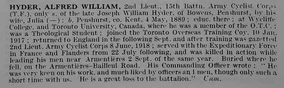Hyder A W 2nd Lt Army Cyclist Corps