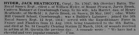 Hyder J H Cpl 17647 9th Royal Sussex Regiment