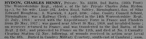 Hydon C H Pte 33238 2nd Worcestershire Regiment