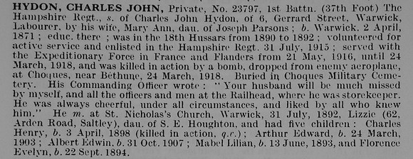 Hydon C J Pte 23797 1st Hampshire Regiment