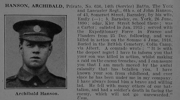 Hanson A Pte 636 14th York And Lancaster Regiment Obit De Ruvignys Roll Of Honour Vol 5