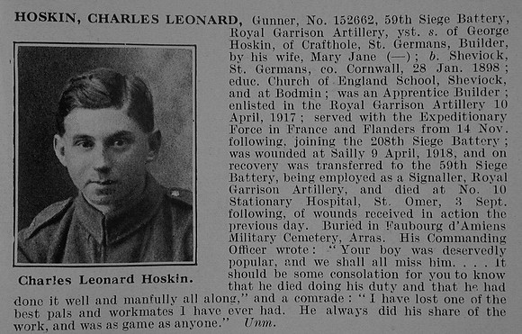 Hoskin C L Gnr 152662 Royal Garrison Artillery Obit De Ruvignys Roll Of Honour Vol 5