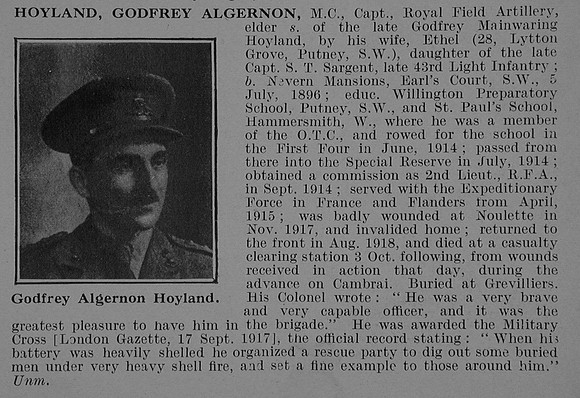 Hoyland G A Captain MC Royal Field Artillery Obit De Ruvignys Roll Of Honour Vol 5