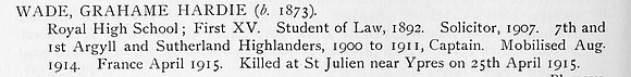 Wade G H Captain 7th And 1st Argyll And Sutherland Highlanders Obit