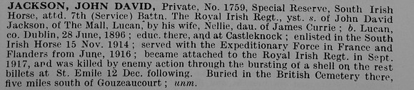 Jackson J D Pte 1759 South Irish Horse Attd 7th Royal Irish Regiment