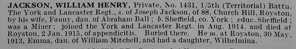 Jackson W H Pte 1431 5th York And Lancs Regiment