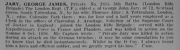 Jary G J Pte 2855 5th London Regiment (London Rifle Brigade)