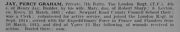Jay P G Pte 7th London Regiment