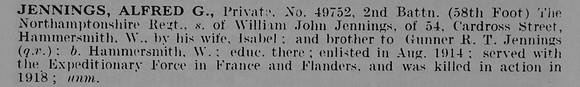 Jennings A G Pte 49752 2nd Northamptonshire Regiment