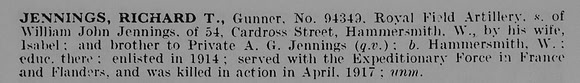 Jennings R T Gnr 94349 Royal Field Artillery