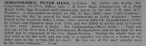 Johannessen P H L/Cpl 25083 5th Cameronians