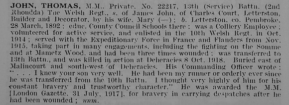 John T Pte MM 22217 13th Welsh Regiment