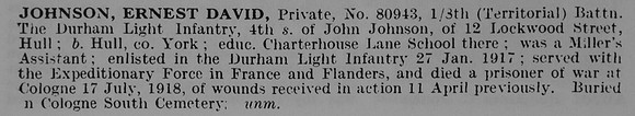 Johnson E D Pte 80943 8th Durham Light Infantry