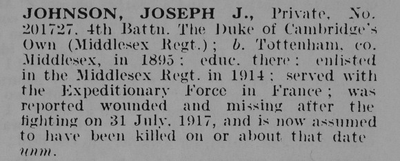 Johnson J J Pte 201727 4th Middlesex Regiment