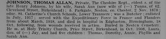 Johnson T A Pte 64384 Cheshire Regiment
