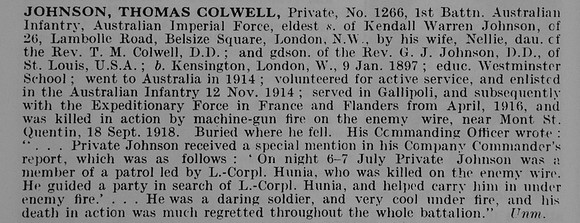 Johnson T C Pte 1266 !st Australian Infantry