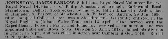 Johnston J B Sub Lt Hawke Bn. RND Royal Naval Volunteer Reserve