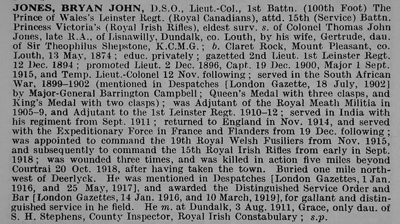 Jones B J Lt Col DSO 1st Leinster Regiment Attd 15th Royal Irish Rifles