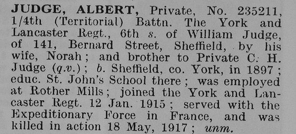 Judge A Pte 235211 4th York And Lancs Regiment