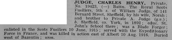 Judge C H Pte 19423 6/7th Royal Scots Fusiliers