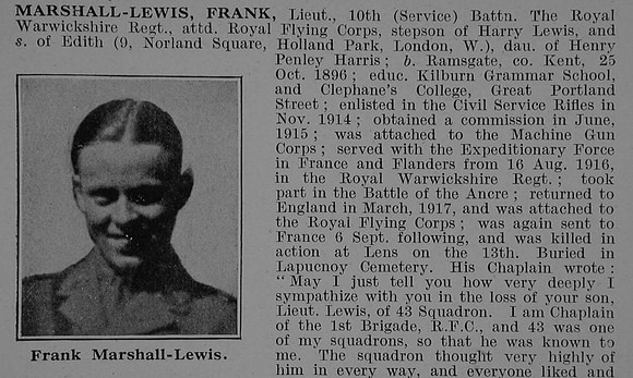 Marshall-Lewis F Lt 10th Royal Warwickshire Regiment Attd Royal Flying Corps Obit Part 1 De Ruvignys Roll Of Honour Vol 5