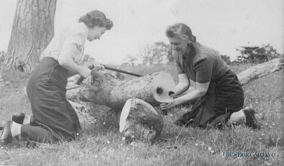 Two Women Sawing Wood