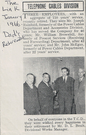 William Brownbill, Joseph Rainford, John McEgan Retirement Notice. D L Boult Divisional Works Manager.