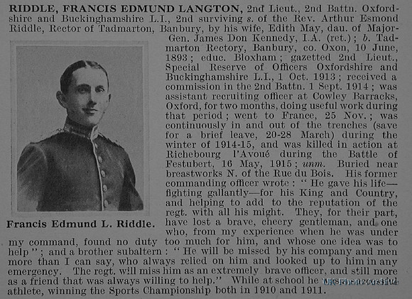 Riddle F E L 2nd Lt 2nd Oxford Bucks LI Obit De Ruvignys Roll Of Honour Vol 1